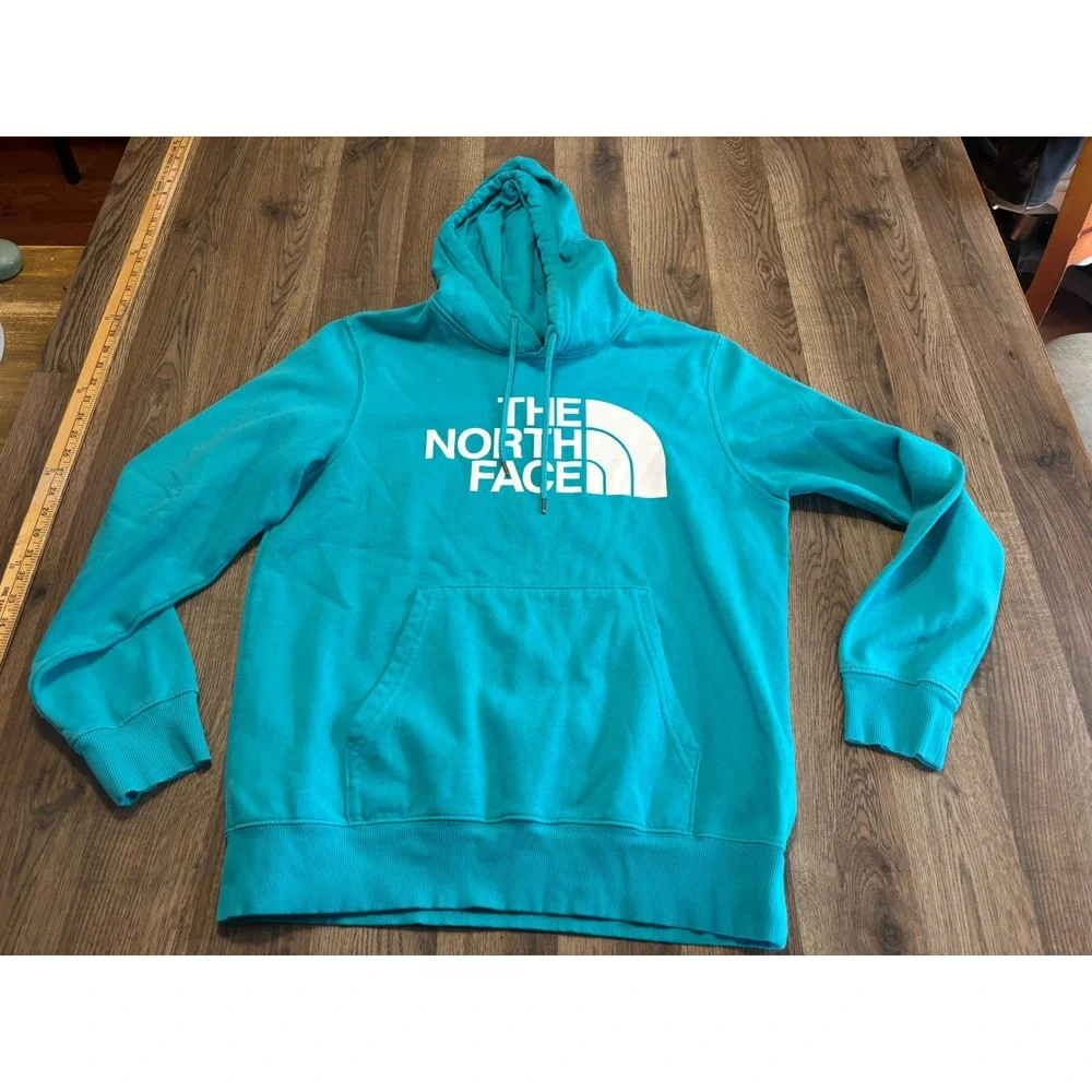 The North Face Hoodie Mens Large Teal Blue Pullover Graphic Logo Excellent